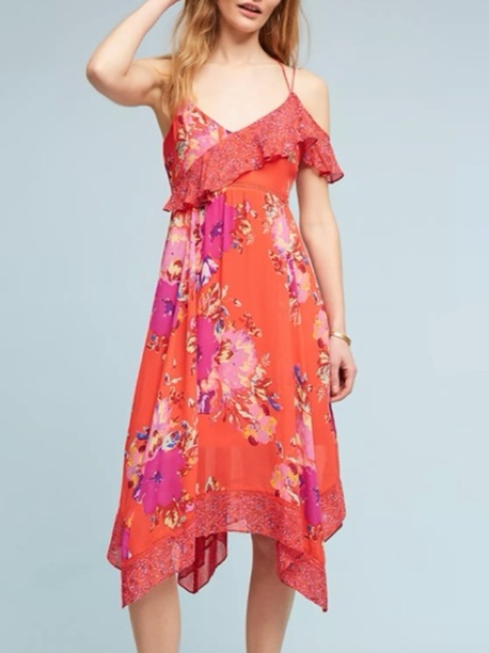 Maeve Anthropologie Floral Handkerchief Hem Midi Dress Orange Pink US 6
